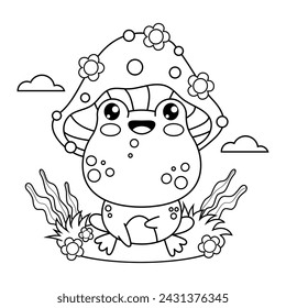 Lindo contorno groovy sapo mosca agaric. Caricatura divertida animal kawaii personaje. Ilustración vectorial. Dibujo de líneas, libro de colorear. Colección Kids