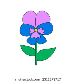 Cute groovy pansies violet flower in hippie style. Vector flat illustration on isolated background