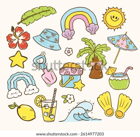 Cute Groovy Pastel Summer Things Set Playful Summer Beach Essentials Art Collection