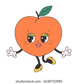 Cute groovy peach. Trendy funky retro cartoon fruit character. Groovy summer collection. Vector illustration in flat style