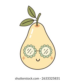 Cute groovy pear clipart, cartoon summer fruit character. Adorable hand drawn vector illustration in flat style	
