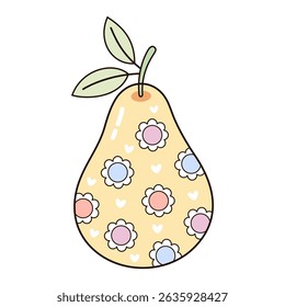 Cute groovy pear clipart, cartoon summer fruit isolated on white background. Adorable hand drawn vector illustration in flat style	
