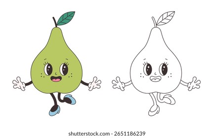 Página de coloração de pera groovy bonito. Personagem de fruta de desenho animado funky na moda. Livro de cores de verão Groovy. Ilustração vetorial em estilo plano