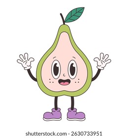 Cute groovy pear. Trendy funky retro cartoon fruit character. Groovy summer collection. Vector illustration in flat style