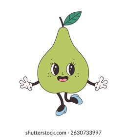 Cute groovy pear. Trendy funky retro cartoon fruit character. Groovy summer collection. Vector illustration in flat style