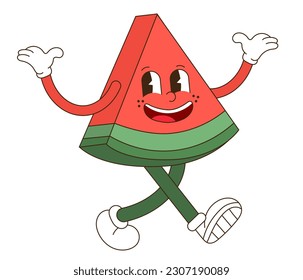 A cute groovy piece of watermelon, joyfully waving its arms. Retro funky cartoon watermelon. Comic watermelon mascot with a happy smile on his face, arms and legs. Groovy summer vector illustration.