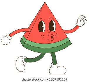 A cute groovy piece of watermelon walks whistling. Retro funky cartoon watermelon. Comic watermelon mascot with a happy smile on his face, arms and legs. Groovy summer vector illustration.