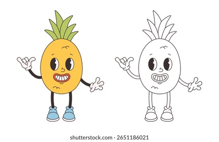 Página de coloração de abacaxi groovy bonito. Personagem de fruta de desenho animado funky na moda. Livro de cores de verão Groovy. Ilustração vetorial em estilo plano