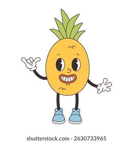 Cute groovy pineapple. Trendy funky retro cartoon fruit character. Groovy summer collection. Vector illustration in flat style