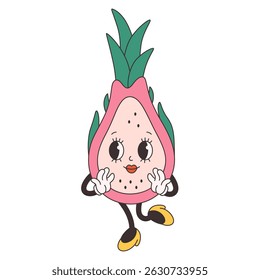 Cute groovy pitaya. Trendy funky retro cartoon fruit character. Groovy summer collection. Vector illustration in flat style