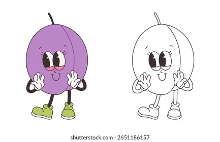 Página de coloração de ameixa groovy bonito. Personagem de fruta de desenho animado funky na moda. Livro de cores de verão Groovy. Ilustração vetorial em estilo plano