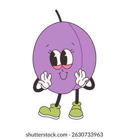 Cute groovy plum. Trendy funky retro cartoon fruit character. Groovy summer collection. Vector illustration in flat style