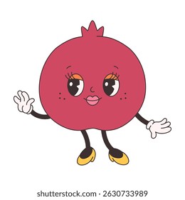 Cute groovy pomegranate. Trendy funky retro cartoon fruit character. Groovy summer collection. Vector illustration in flat style