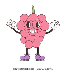 Cute groovy raspberry. Trendy funky retro cartoon fruit character. Groovy summer collection. Vector illustration in flat style