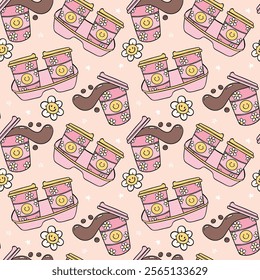 Cute Groovy Retro Coffee Cup Take Away Seamless Pattern Isolated on Background