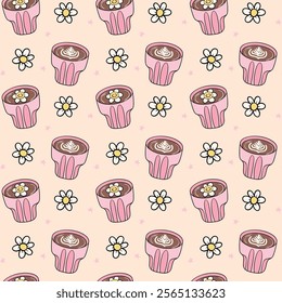 Cute Groovy Retro Coffee cups Latte Seamless Pattern Isolated on Background