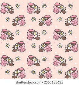 Cute Groovy Retro Coffee cups Spilled Latte Seamless Pattern Isolated on Background