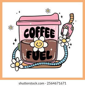 Cute Groovy Retro Coffee Pump Fuel energy boost Hand Drawn, coffee quote card