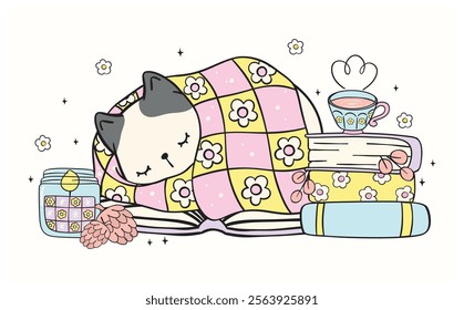 Cute Groovy Retro Cozy Winter Bookish Cat Sleeping on Book with stacked of Books and coffee Illustration Hand Drawn Doodle.