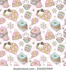 Cute Groovy Retro Cozy Winter Bookish Sleeping Cat Seamless Pattern with Hand Drawn Cartoon