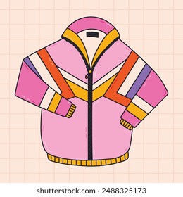 Nette groovige Retro-Jacke mit Reißverschluss aus den 80er und 90er Jahren mit Umriss. Nostalgie für Vintage und Y2k Ästhetik, Mode. Handgezeichnete bunte Doodle der Sportjacke als Abzeichen der 1990er Jahre isoliert auf weiß.