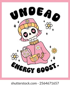 Cute Groovy Retro Skeleton Barista Energy Boost Hand Drawn affirmation coffee card