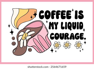 Cute Groovy Retro Spilled Latte Coffee Fuel Energy Boost Hand Drawn, coffee quote card