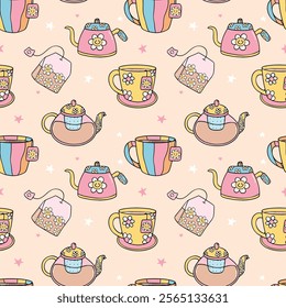 Cute Groovy Retro Tea cup and pot Seamless Pattern Isolated on Background