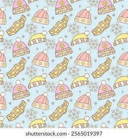 Cute Groovy Retro Winter Beanie Hat Seamless Pattern with Hand Drawn Cartoon Design