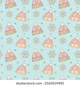 Cute Groovy Retro Winter Beanie Hat Seamless Pattern with Hand Drawn Cartoon