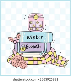 Cute Groovy Retro Winter Bookish Book stacked wrapped in cozy scarf Illustration Hand Drawn Doodle.
