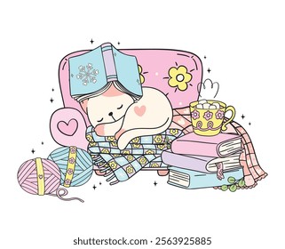 Cute Groovy Retro Winter Bookish Cat Sleeping on Cozy Sofa Illustration Hand Drawn Doodle.