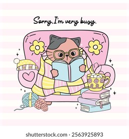 Cute Groovy Retro Winter Bookish Cat Reading on Cozy Sofa with Books Illustration Hand Drawn Doodle.