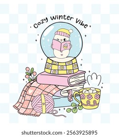 Cute Groovy Retro Winter Bookish snowglobe on Cozy books stacked Illustration Hand Drawn Doodle.