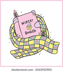 Cute Groovy Retro Winter Bookish wrapped in cozy scarf Illustration Hand Drawn Doodle.