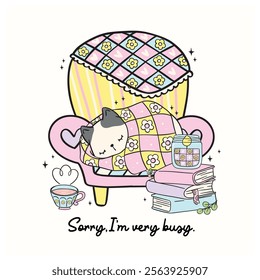 Cute Groovy Retro Winter Bookish Cat Sleeping on Cozy Sofa with Books Illustration Hand Drawn Doodle.