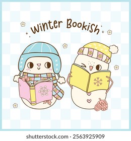 Cute Groovy Retro Winter Bookish Snowman reading book Illustration Hand Drawn Doodle.