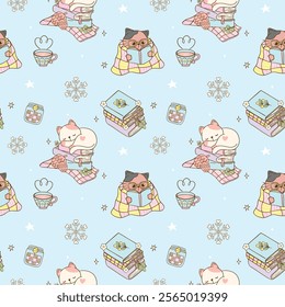 Cute Groovy Retro Winter Bookish Cat Reading Seamless Pattern Hand Drawn Cartoon