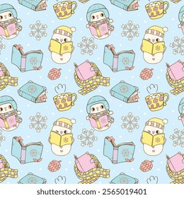 Cute Groovy Retro Winter Bookish Snowman Reading Seamless Pattern with Hand Drawn Cartoon