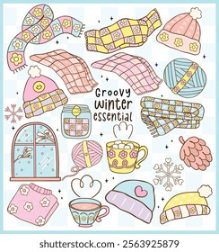 Cute Groovy Retro Winter things essential stuff Illustration Hand Drawn Doodle.