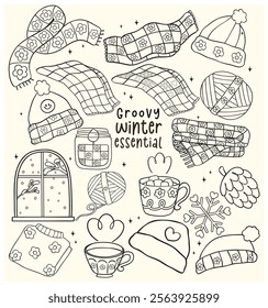 Cute Groovy Retro Winter things essential stuff Outline Hand Drawn Doodle Clipart set