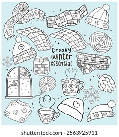 Cute Groovy Retro Winter things essential stuff colouring image Illustration Hand Drawn Doodle Clipart set