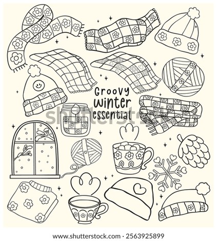 Cute Groovy Retro Winter things essential stuff Outline Hand Drawn Doodle Clipart set