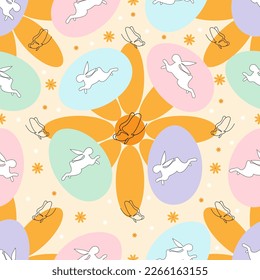 Cute groovy seamless pattern on the theme of Easter. Daisy, butterfly, white rabbit, easter eggs. Design for fabric, wrapping, cover. Vector illustration in retro style.