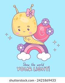 Cute groovy snail character. Funny insect kawaii on rainbow in retro style. Trendy vector illustration. Cool poster with slogan in 70s style .