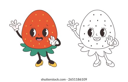 Página de coloração de morango bonito groovy. Personagem de fruta de desenho animado funky na moda. Livro de cores de verão Groovy. Ilustração vetorial em estilo plano