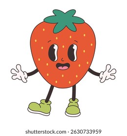 Cute groovy strawberry. Trendy funky retro cartoon fruit character. Groovy summer collection. Vector illustration in flat style