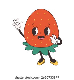Cute groovy strawberry. Trendy funky retro cartoon fruit character. Groovy summer collection. Vector illustration in flat style