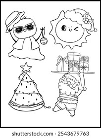Cute Groovy Summer Christmas cartoon Coloring page white and black outline set