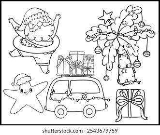 Cute Groovy Summer Christmas Playful Santa cartoon Coloring page white and black outline set